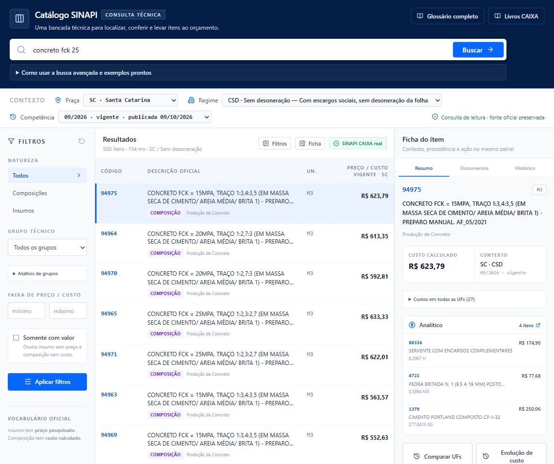 Interface real do SINAPI Explorer com filtros, resultados e ficha de uma composição